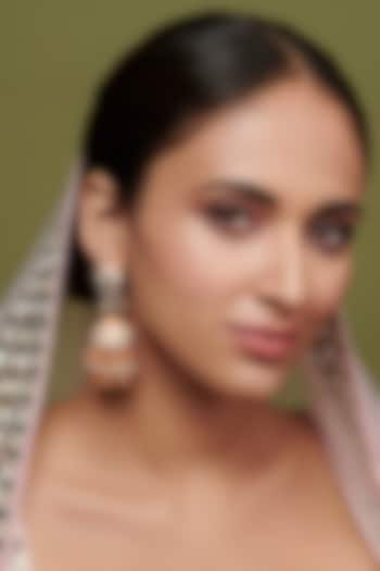 Gold Finish Light Peach Enameled Jhumka Bridal Earrings by Curio Cottage at Pernia's Pop Up Shop