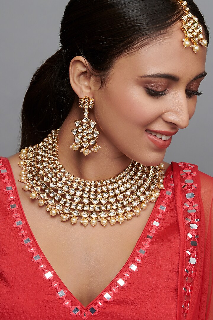 Gold Finish Bridal Choker Necklace Set by Curio Cottage at Pernia's Pop Up Shop