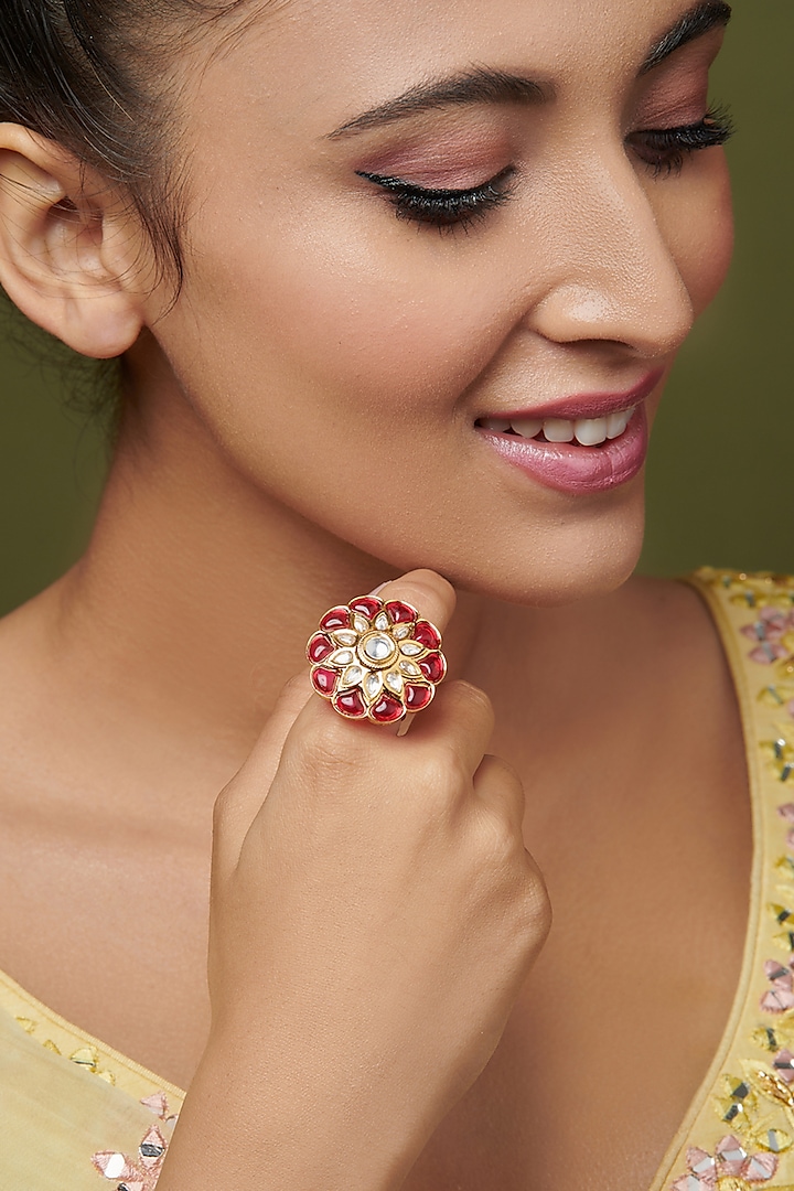 Gold Finish Red & White Kundan Polki Flower Ring by Curio Cottage at Pernia's Pop Up Shop