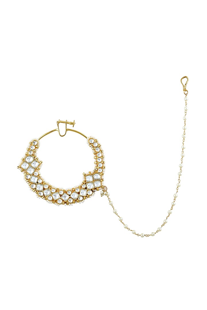 Gold Finish Kundan Polki & Pearl Ghungroo Nose Ring by Curio Cottage at Pernia's Pop Up Shop