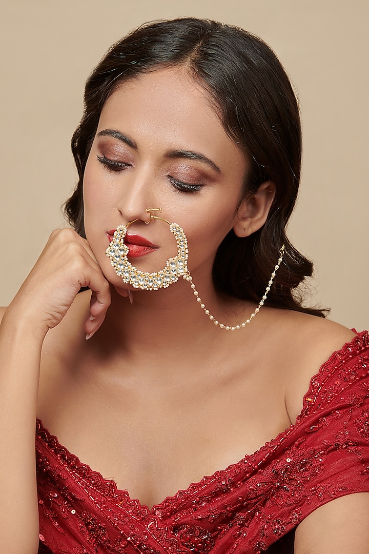 Gold Finish Kundan Polki & Pearl Ghungroo Nose Ring by Curio Cottage