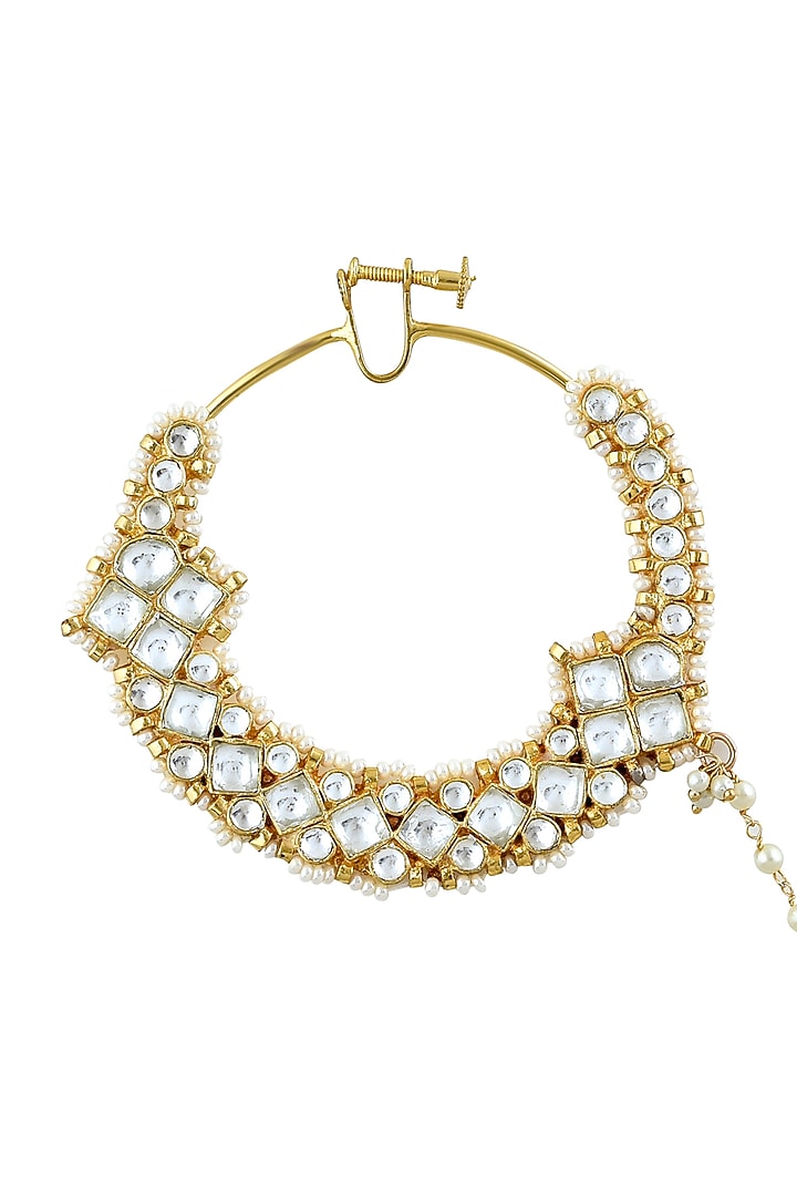 Gold Finish Kundan Polki & Pearl Ghungroo Nose Ring by Curio Cottage at Pernia's Pop Up Shop