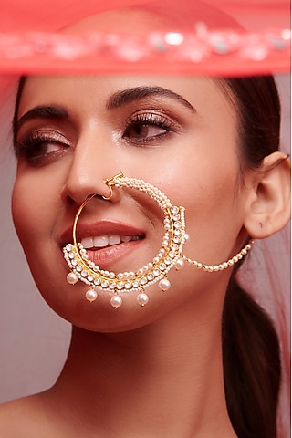 Gold Finish Pearl Bridal Nose Ring by Curio Cottage