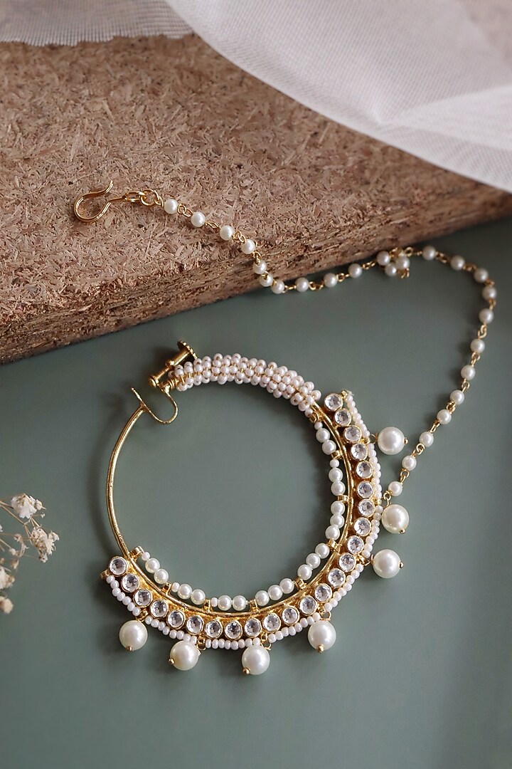 Gold Finish Pearl Bridal Nose Ring by Curio Cottage at Pernia's Pop Up Shop