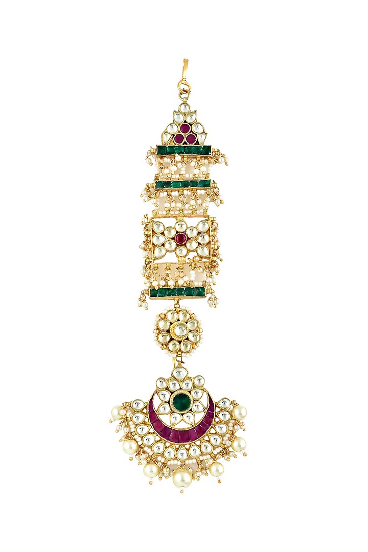 Gold Finish Kundan Polki & Semi Precious Stones Bridal Mangtikka by Curio Cottage at Pernia's Pop Up Shop