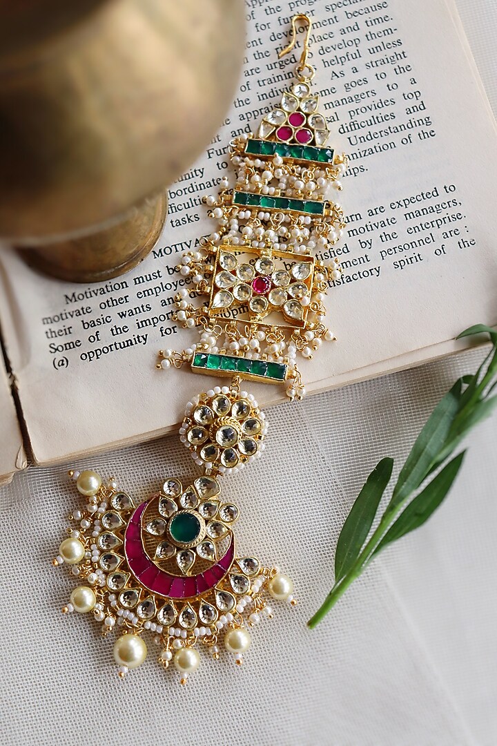 Gold Finish Kundan Polki & Semi Precious Stones Bridal Mangtikka by Curio Cottage at Pernia's Pop Up Shop