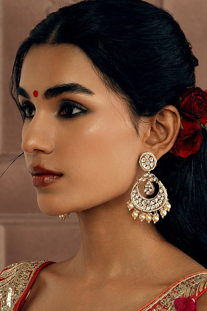 Gold Plated kundan Polki & Pearl String Chandbali Earrings by Curio Cottage at Pernia's Pop Up Shop