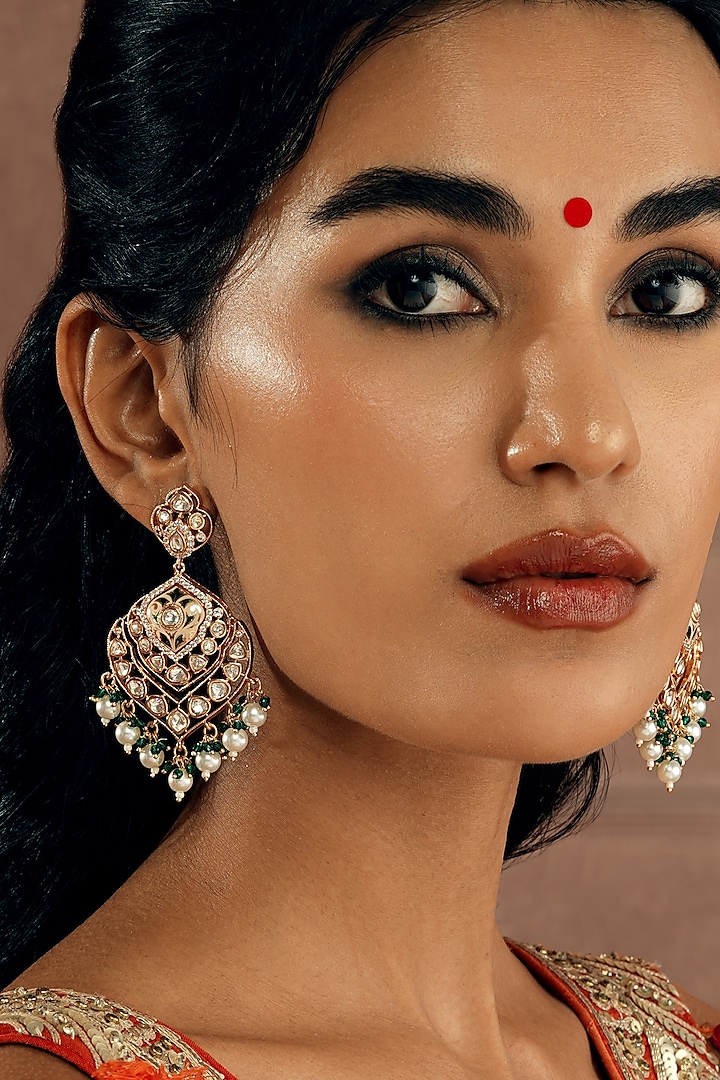 Gold Plated Kundan Polki Chandbali Earrings by Curio Cottage at Pernia's Pop Up Shop