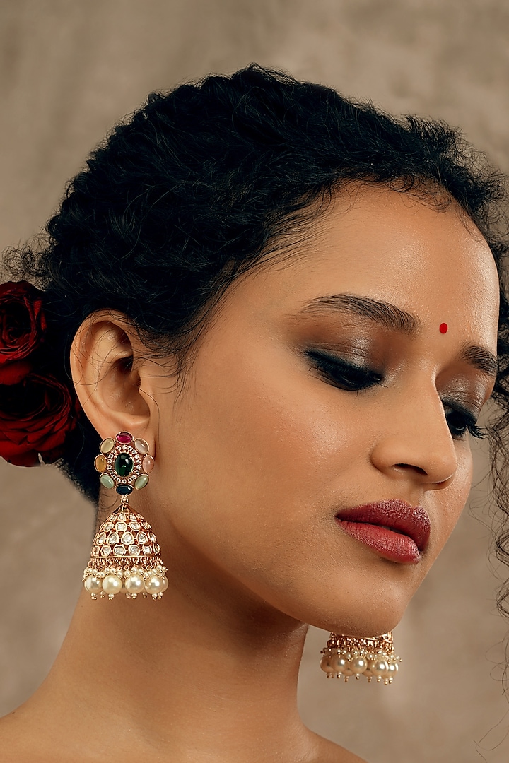 Gold Plated Kundan Polki & Navratna Gemstone Jhumka Earrings by Curio Cottage at Pernia's Pop Up Shop