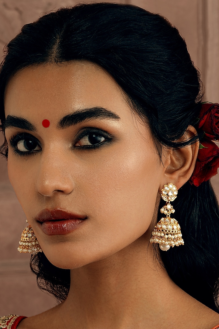 Gold Plated Kundan Polki & Pearl Drop Jhumka Earrings by Curio Cottage at Pernia's Pop Up Shop