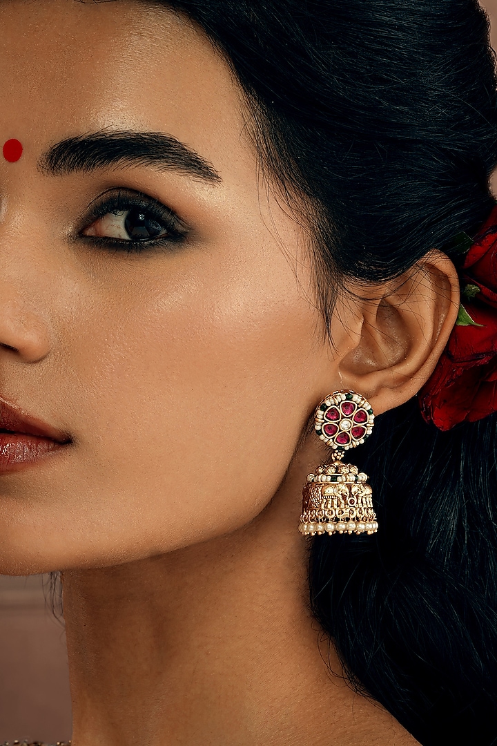 Gold Plated Ruby Gemstone Jhumka Earrings by Curio Cottage at Pernia's Pop Up Shop