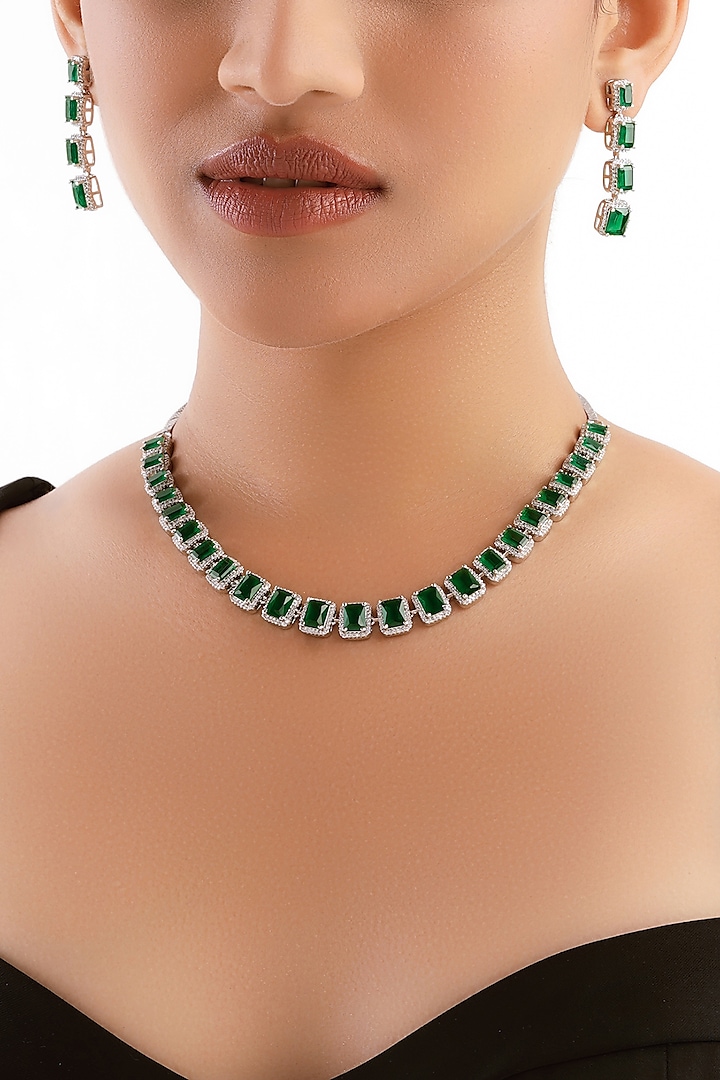 Silver Finish Emerald Gemstone & Cubic Zirconia Necklace Set by Curio Cottage at Pernia's Pop Up Shop