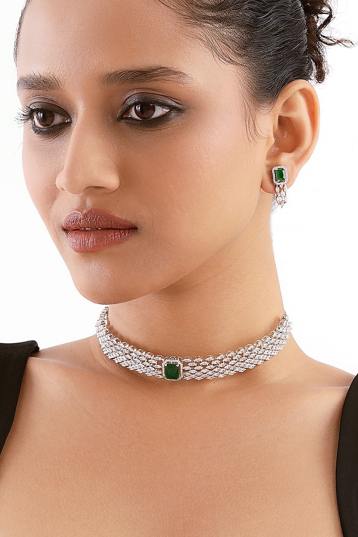 Silver Finish Emerald Stone & Cubic Zirconia Choker Necklace Set by Curio Cottage at Pernia's Pop Up Shop