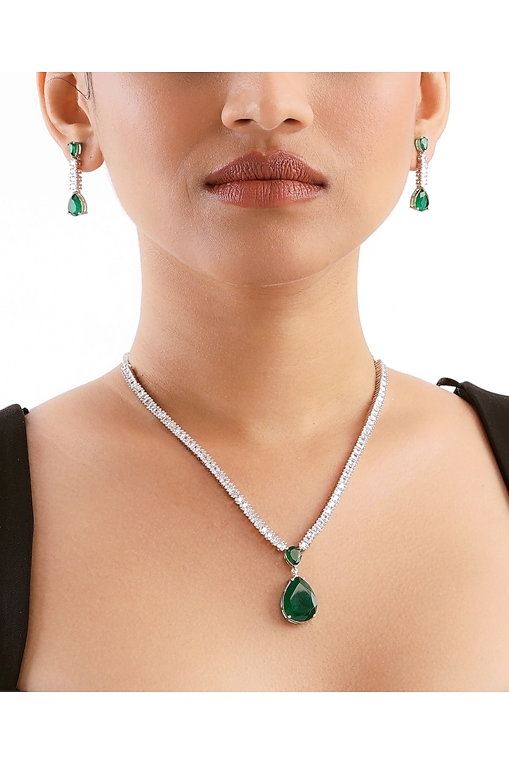 Silver Finish Emerald Stone & Cubic Zirconia Pendant Necklace Set by Curio Cottage at Pernia's Pop Up Shop