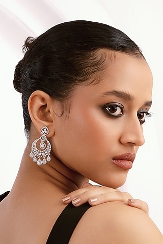 Silver Finish Cubic Zirconia Chandbali Earrings by Curio Cottage