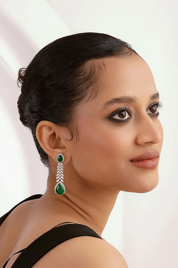 Silver Finish Emerald Diamond & Cubic Zirconia Dangler Earrings by Curio Cottage at Pernia's Pop Up Shop