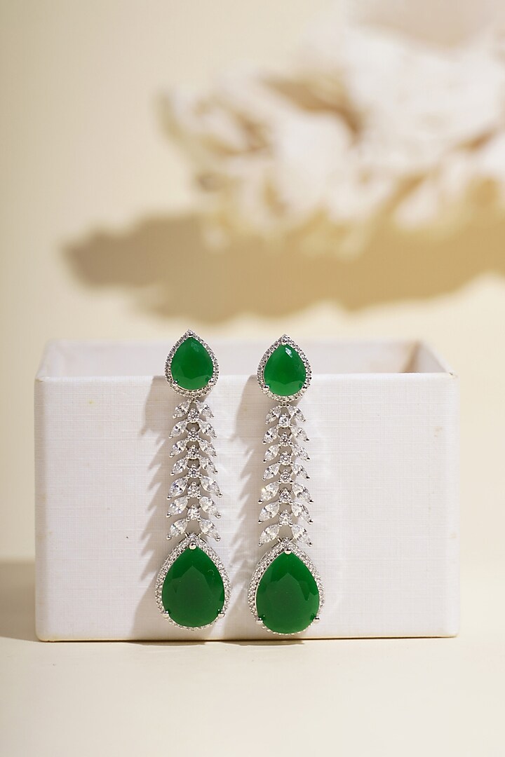 Silver Finish Emerald Diamond Cubic Zirconia Dangler Earrings by