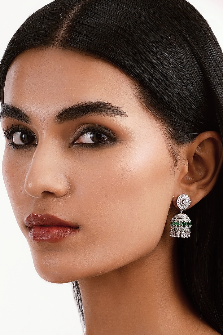 Silver Finish Emerald Stone & Cubic Zirconia Mini Jhumkas by Curio Cottage at Pernia's Pop Up Shop