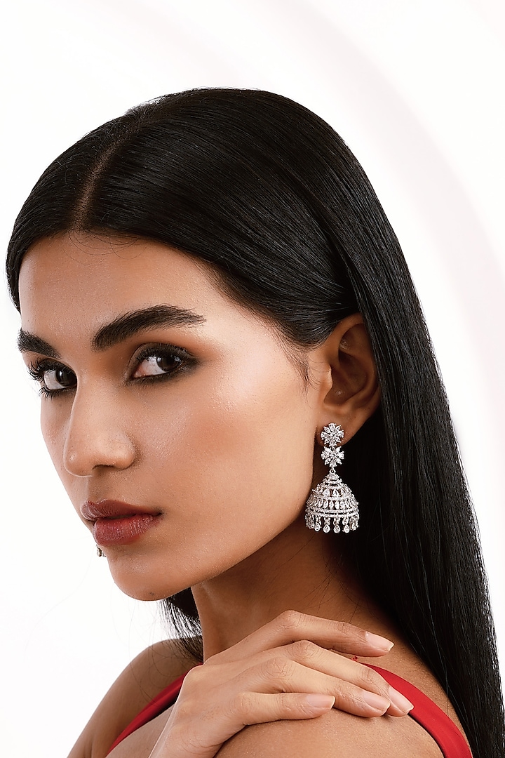 Silver Finish Cubic Zirconia Jhumkas by Curio Cottage at Pernia's Pop Up Shop