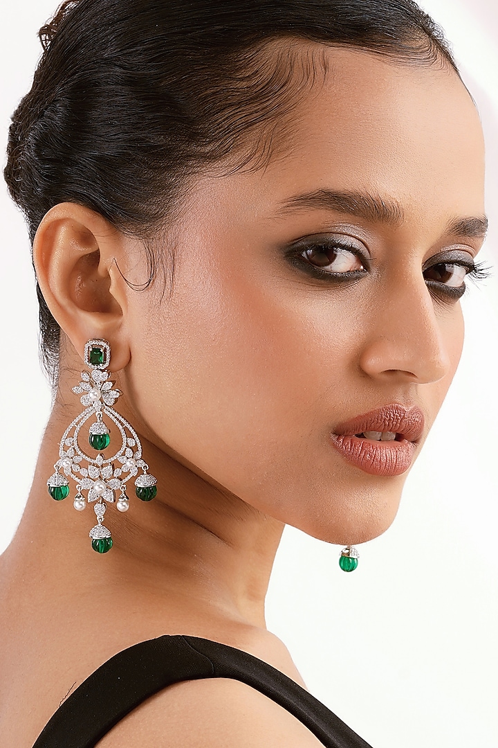 Silver Finish Emerald Diamond & Cubic Zirconia Chandbali Earrings by Curio Cottage at Pernia's Pop Up Shop