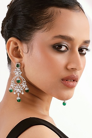 Silver Finish Emerald Diamond & Cubic Zirconia Chandbali Earrings by Curio Cottage