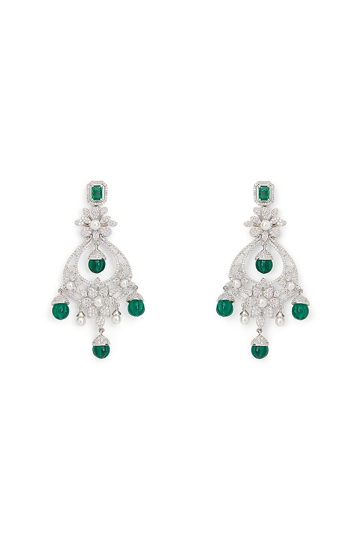 Silver Finish Emerald Diamond & Cubic Zirconia Chandbali Earrings by Curio Cottage at Pernia's Pop Up Shop