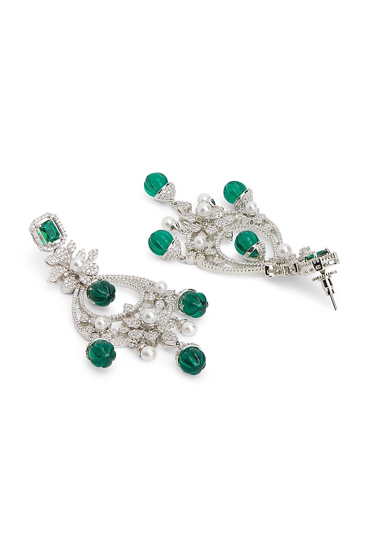 Silver Finish Emerald Diamond & Cubic Zirconia Chandbali Earrings by Curio Cottage at Pernia's Pop Up Shop