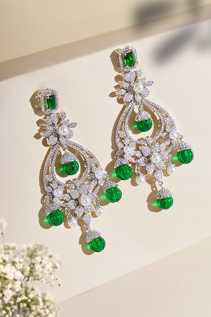Silver Finish Emerald Diamond & Cubic Zirconia Chandbali Earrings by Curio Cottage at Pernia's Pop Up Shop
