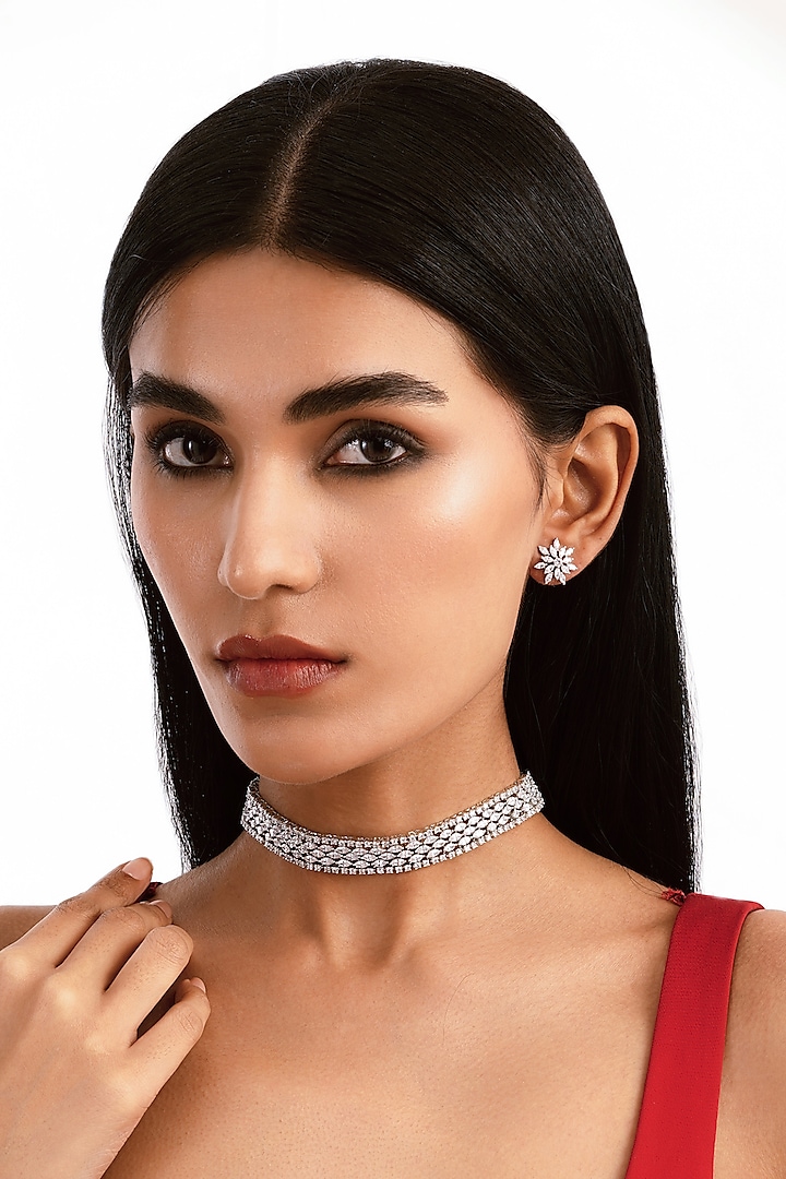 Silver Finish Cubic Zirconia Floral Choker Necklace Set by Curio Cottage at Pernia's Pop Up Shop