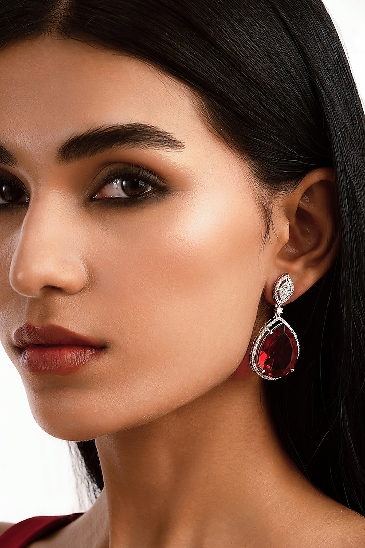 Silver Finish Red Gemstone & Cubic Zirconia Earrings by Curio Cottage at Pernia's Pop Up Shop