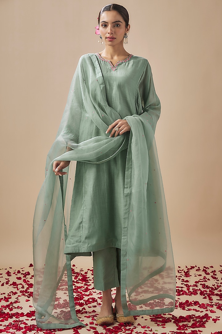 Sea Green Chanderi Silk Pitta & Sequins Work Kurta Set by Cupid Cotton at Pernia's Pop Up Shop