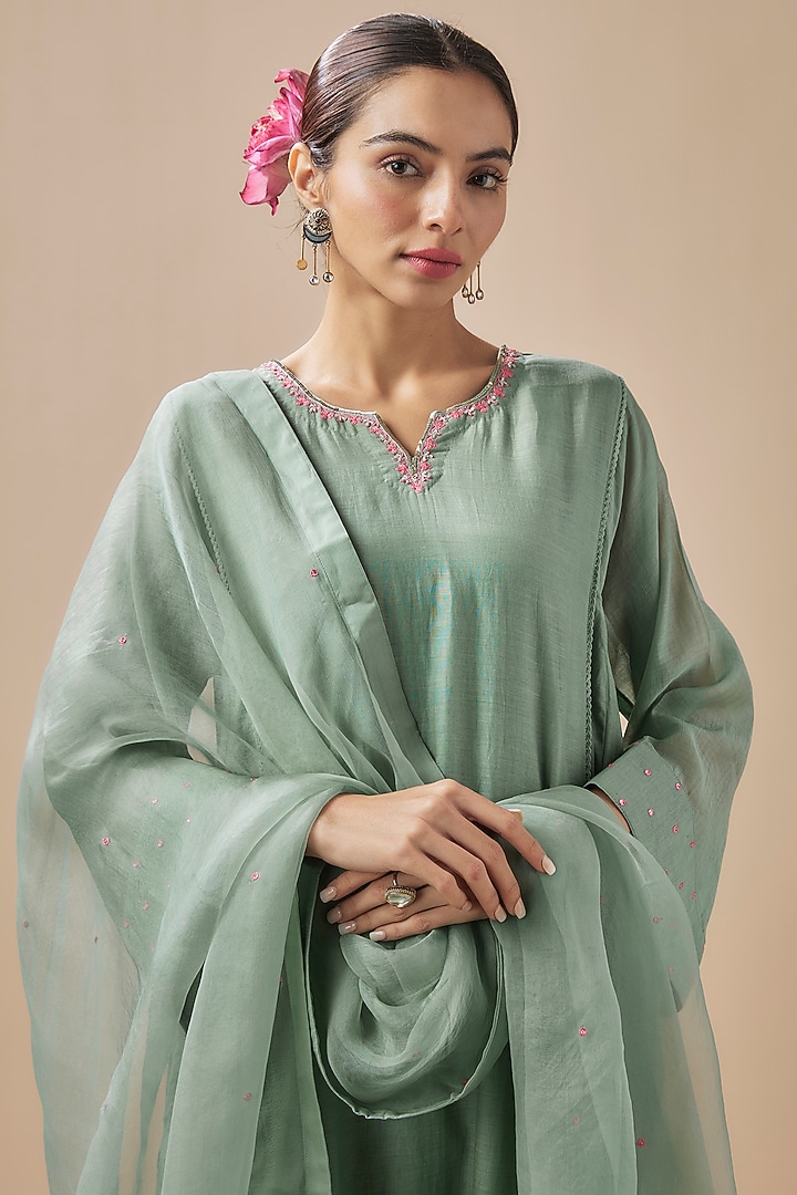 Sea Green Chanderi Silk Pitta & Sequins Work Kurta Set by Cupid Cotton at Pernia's Pop Up Shop