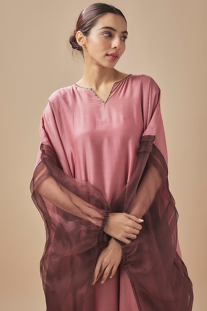 Rust Silk & Organza Pitta Work Kaftan by Cupid Cotton at Pernia's Pop Up Shop