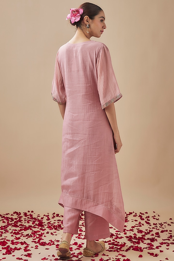 Dusty Pink Silk Chanderi Pitta Work Kurta Set by Cupid Cotton at Pernia's Pop Up Shop
