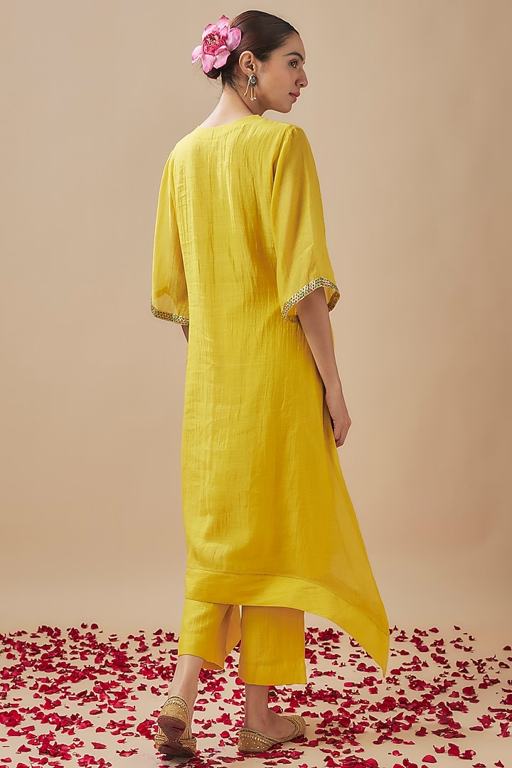 Yellow Silk Chanderi Pitta Work Kurta Set by Cupid Cotton at Pernia's Pop Up Shop