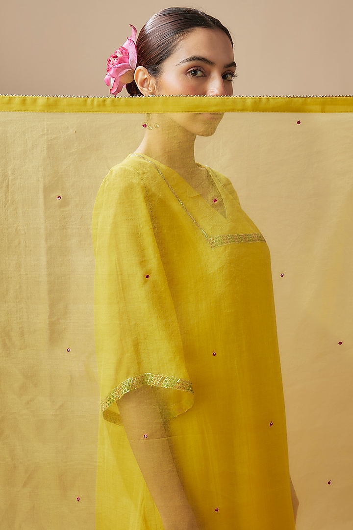 Yellow Silk Chanderi Pitta Work Kurta Set by Cupid Cotton at Pernia's Pop Up Shop