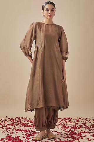 Brown Chanderi Silk Pintuck Sheer Kurta Set by Cupid Cotton