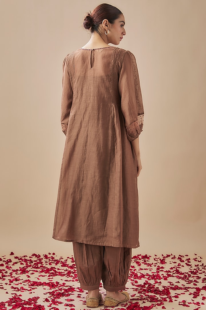 Brown Chanderi Silk Pintuck Sheer Kurta Set by Cupid Cotton at Pernia's Pop Up Shop