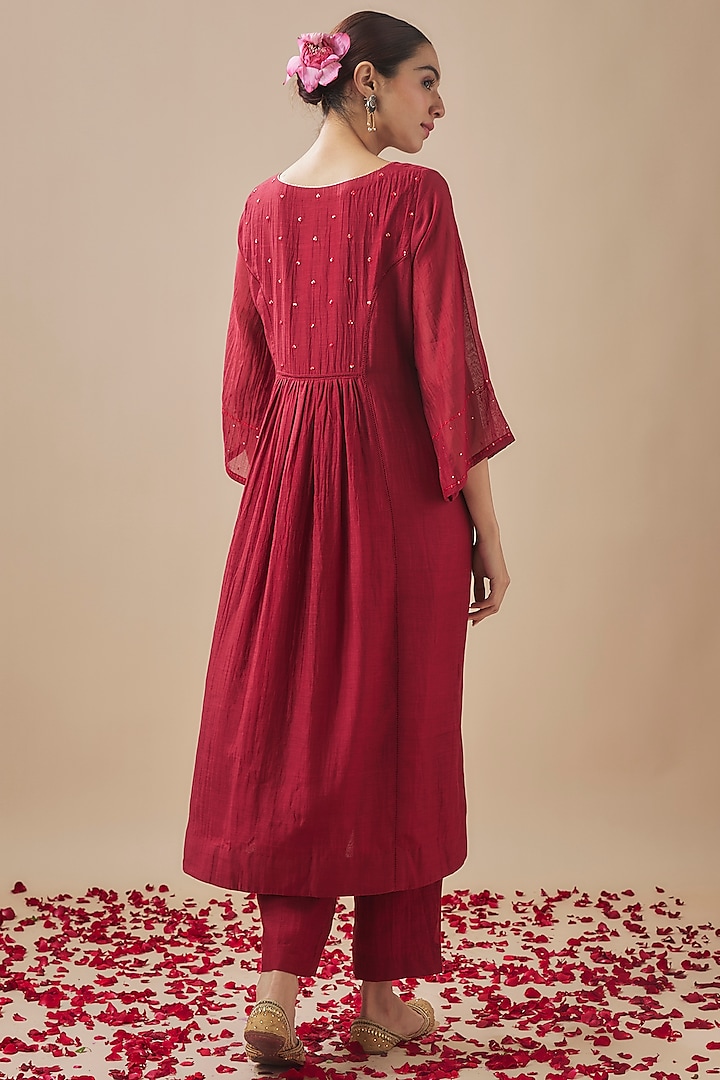Maroon Silk Chanderi Resham Embroidered Kalidar Kurta Set by Cupid Cotton at Pernia's Pop Up Shop
