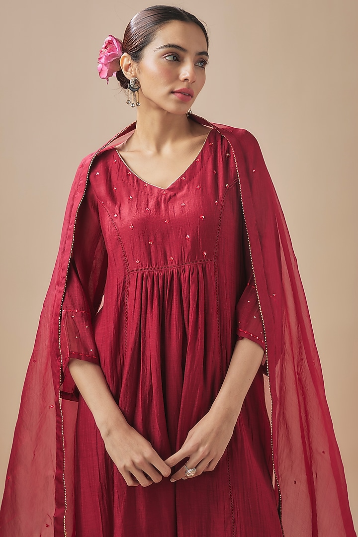 Maroon Silk Chanderi Resham Embroidered Kalidar Kurta Set by Cupid Cotton at Pernia's Pop Up Shop