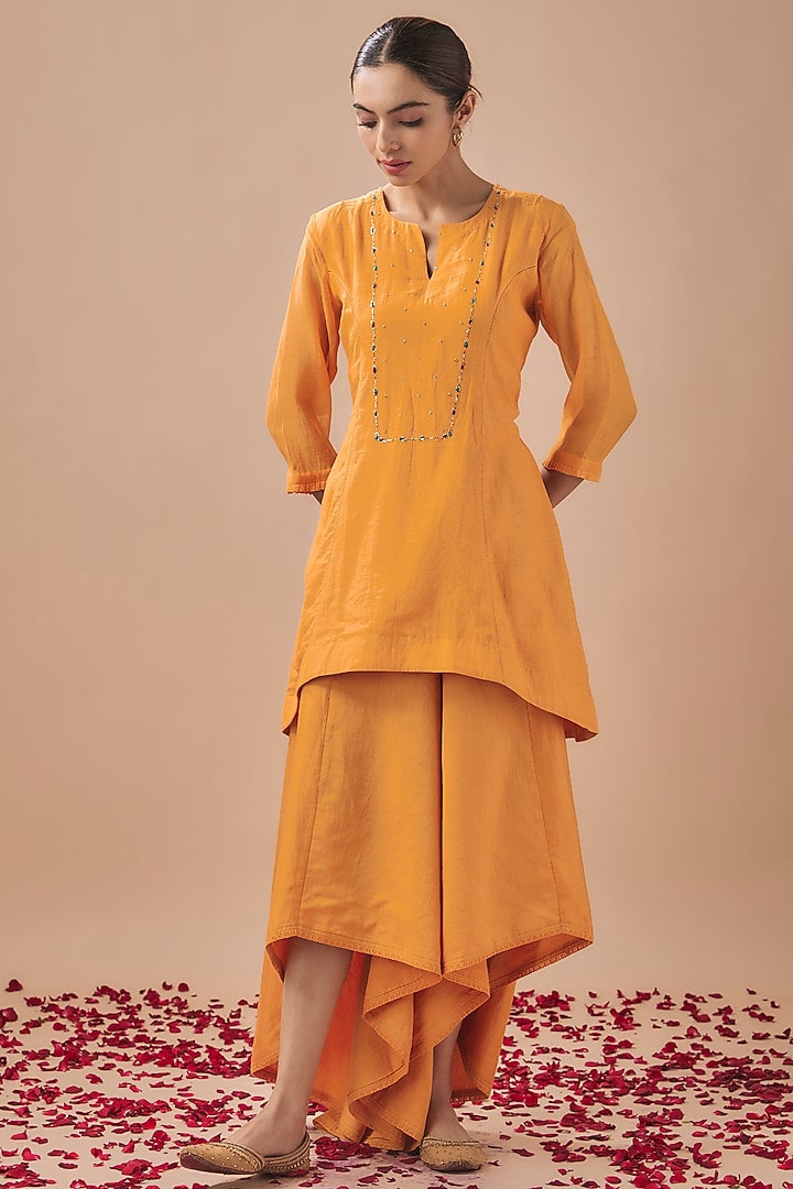 Mustard Yellow Chanderi Silk Resham Hand Embroidered Co-Ord Set by Cupid Cotton at Pernia's Pop Up Shop