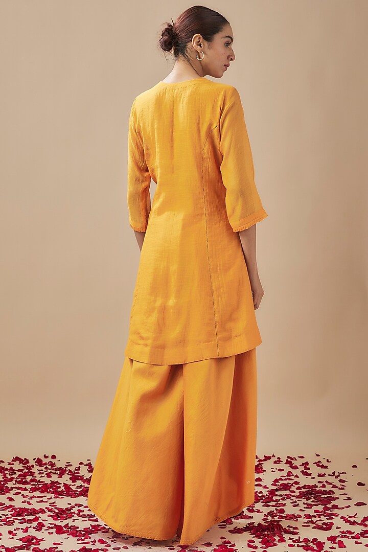 Mustard Yellow Chanderi Silk Resham Hand Embroidered Co-Ord Set by Cupid Cotton at Pernia's Pop Up Shop