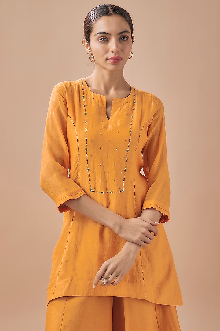 Mustard Yellow Chanderi Silk Resham Hand Embroidered Co-Ord Set by Cupid Cotton at Pernia's Pop Up Shop