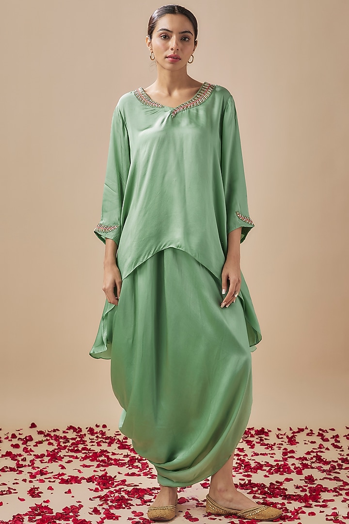 Sage Green Silk Draped Skirt Set by Cupid Cotton at Pernia's Pop Up Shop