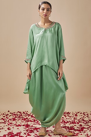 Sage Green Silk Draped Skirt Set by Cupid Cotton