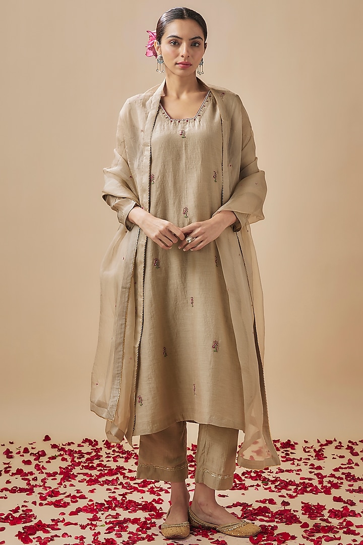 Grey Chanderi Silk Resham & Pitta Embroidered Kurta Set by Cupid Cotton