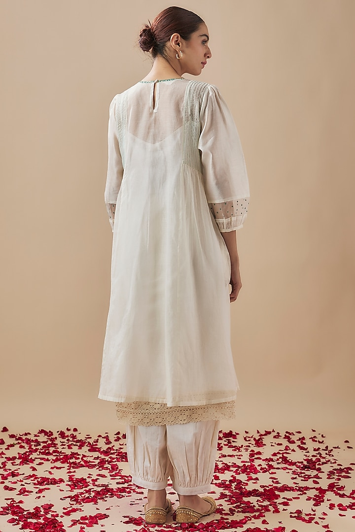 Ivory Chanderi Silk Pintuck Kurta Set by Cupid Cotton at Pernia's Pop Up Shop