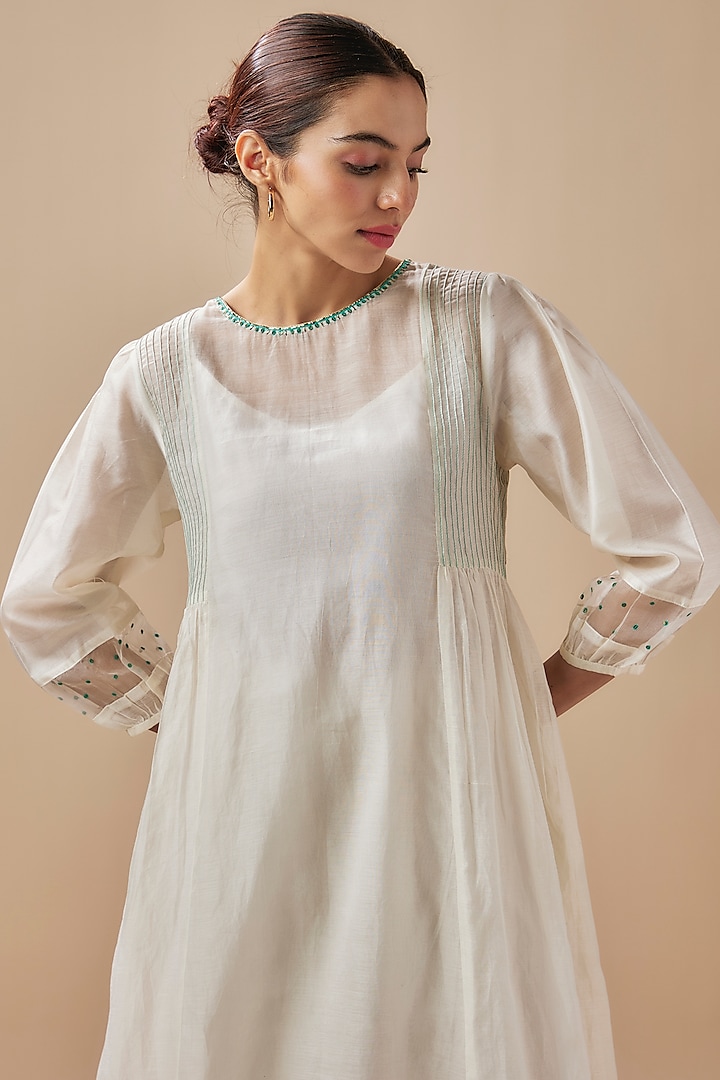 Ivory Chanderi Silk Pintuck Kurta Set by Cupid Cotton at Pernia's Pop Up Shop
