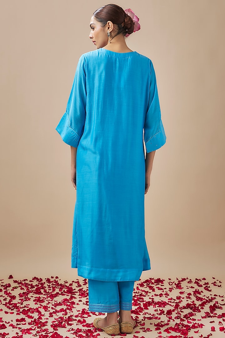 Cyan Blue Cotton Silk Resham & Aari Embroidered Kurta Set by Cupid Cotton at Pernia's Pop Up Shop