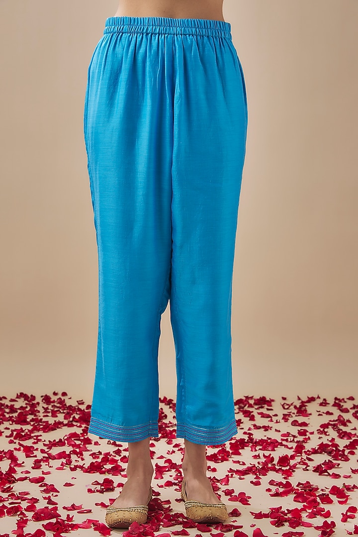 Cyan Blue Cotton Silk Resham & Aari Embroidered Kurta Set by Cupid Cotton at Pernia's Pop Up Shop